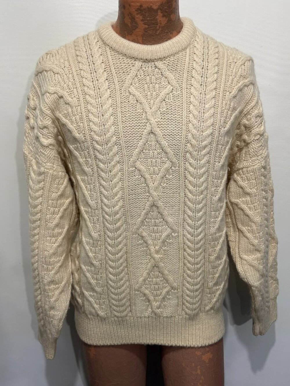 Aran Crafts L Irish Fisherman Pure New Wool Ivory Chunky Knit Pullover Sweater